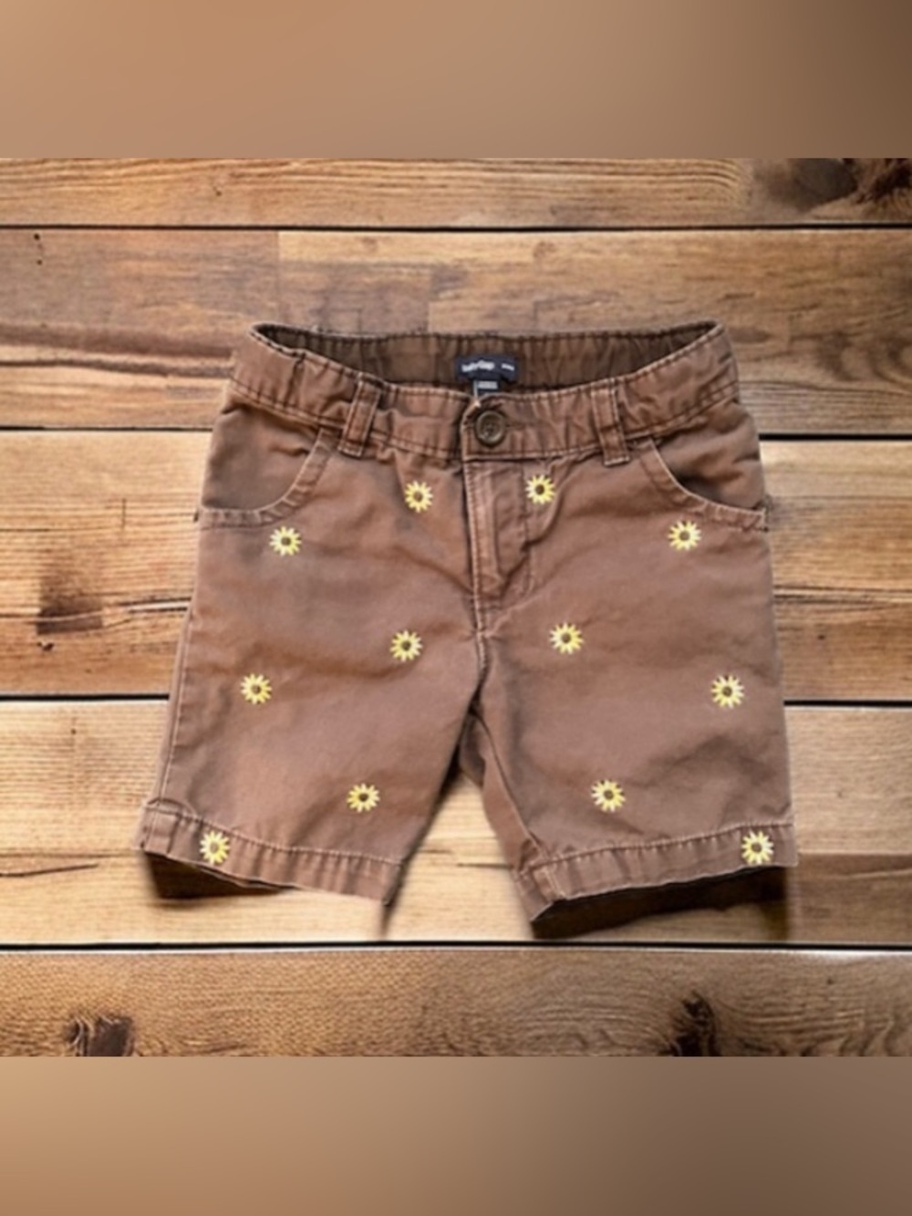 Baby Gap Girls Brown Shorts Yellow Daisies Size 3T Buttoned Pockets Zip Button